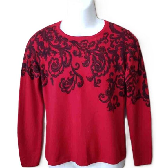 Charter Club 2 Ply Cashmere Sweater Red Black Scroll Pattern Women's Size Medium - Picture 1 of 3